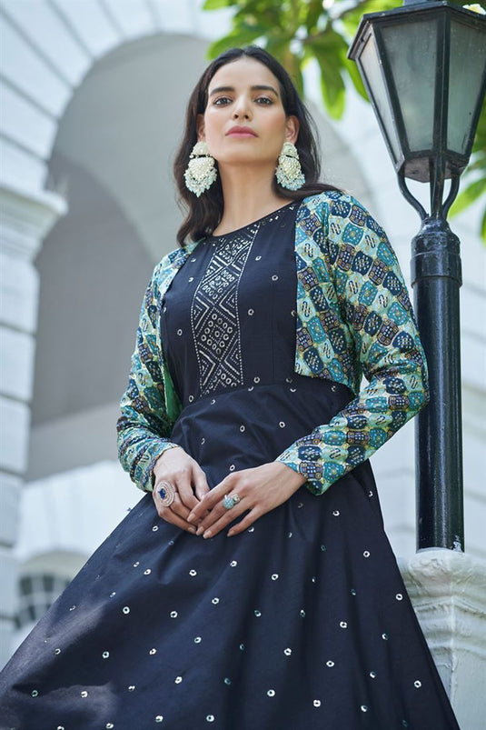 Blue color Cotton Designer Gown with Embroidered